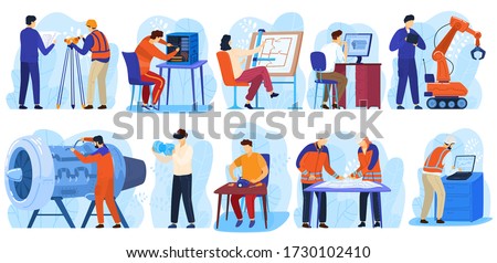 Engineering project construction, engineers workers, architect and surveyor in industrial building people at work isolated collection vector illustrations. Technology engineering projects.