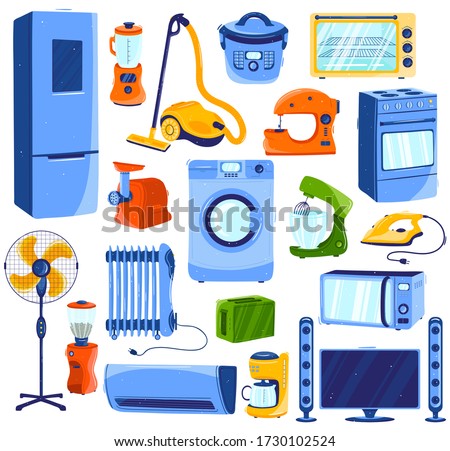 Home appliances, set of household electronics isolated on white, cartoon style vector illustration. House appliance and kitchen equipment, washing machine, microwave oven, vacuum cleaner and fridge