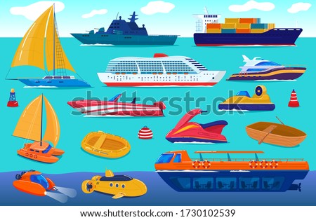 Sea transport, travel ship, water vessels, cruise yacht transportation set of cartoon vector illustration. Flat scooter, boat, steamship, ferry and fishing boat, sea vessel, transporting shipping.