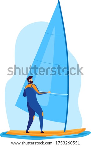 Sportsman vector illustration. Cartoon flat man surfer character windsurfing, standing on surfboard, riding and holding sail on wind. Extreme sports activity, active lifestyle isolated on white