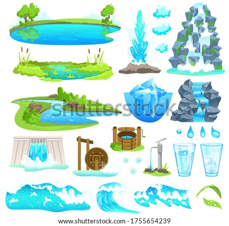 Natural water landscape vector illustration. Cartoon flat nature set of flowing river stream and riverside, waterfall on mountain, waterfront of lake pond brook over rocks, dam flow isolated on white