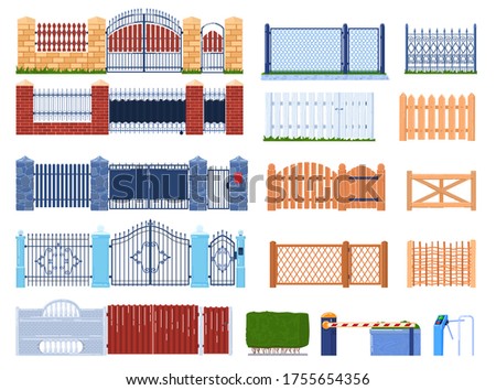 Gate and fence vector illustration set. Cartoon flat wooden or stone brick structures collection for fenced garden houses and farm, gatepost, metal iron wrought fences, hedge icon isolated on white