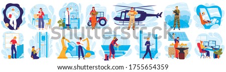 Woman in profession vector illustration set. Cartoon flat woman character in uniform costume work as pilot or astronaut, scientist engineer, worker. Different female professional job isolated on white