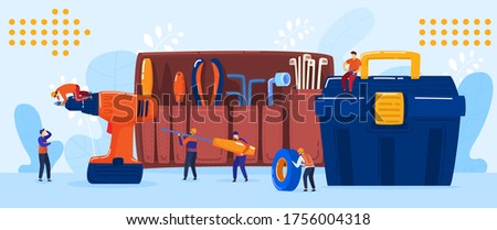Electrician and repairman team concept, tiny people cartoon characters, vector illustration. Toolkit with electric screwdriver, maintenance and repair service teamwork. Electric worker man in uniform