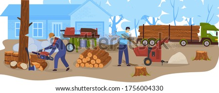 Logging wood industry, timbers, lumber truck with loggs vector illustration. Wood production and forestry. Trees, forest logging, industrial carpentry, firewood transportation and sawmill.