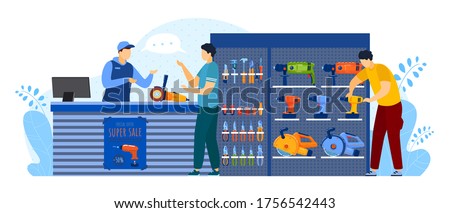 People buy in tool store vector illustration. Cartoon flat man buyer client characters buying equipment for toolbox of house repair, consulting salesman at counter. Hardware shop isolated on white