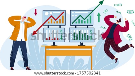 Male trader lose money stock market exchange, investor man earning money isolated on white, cartoon vector illustration. Global share burse analysis, happy and sad person financial crisis.