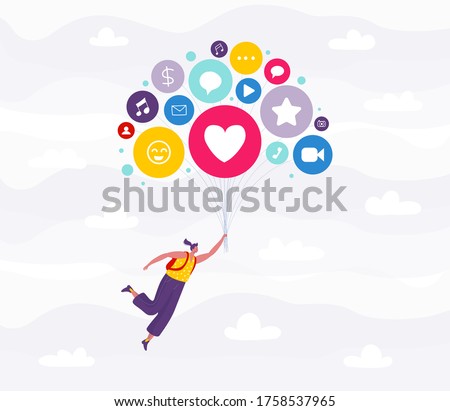 Social media flat concept vector illustration. Cartoon man influencer character flying on icons balloon from internet likes stars and messages of audience, social media marketing influence background
