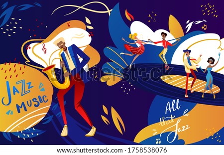 Jazz festival dance party vector illustration. Cartoon flat couple dancer people dancing to jazz music, musician man character playing saxophone, retro festive show in night club poster background