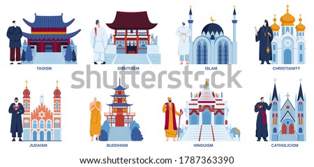 Religion temple church mosque vector illustration flat set. Cartoon religious worship places culture architecture collection with traditional shrine temple, religionist characters isolated on white