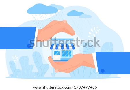 Small business support protection vector illustration. Cartoon flat human hands holding business building, protecting owners investors of local shop from rain, supporting insurance investment concept