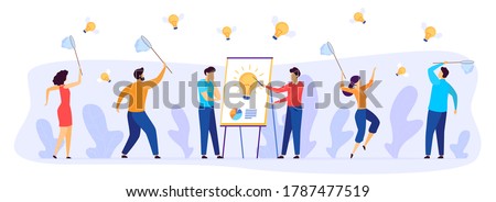 People catch business idea vector illustration. Cartoon flat businessman team characters with butterfly nets catching fast flying winged light bulbs, teamwork in starting new project isolated on white