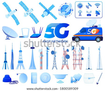 5G communication technology vector illustrations. Cartoon flat towered telecommunication equipment set, antenna towers, 5G network wireless signal tech station, broadcast satellite isolated on white