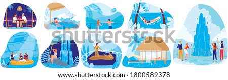 Natural spa resorts vector illustration set. Cartoon flat hot springs collection with people tourists enjoy nature thermal water pool, traditional japanese onsen bath, spa tourism isolated on white