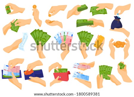 Hand holding money vector illustration set. Cartoon flat human hands collection with cash money, gold bar and bag of coins, wallet full of banknotes and bank credit pay card. Payment isolated on white