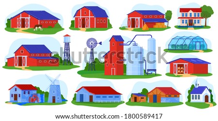 Farm building vector illustration set. Cartoon flat front view of village farmhouses collection with hay silo red barn, industry tower, chicken coop hen house, wind mill greenhouse isolated on white