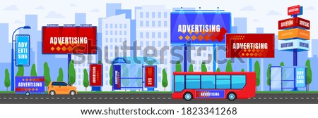 City advertising vector illustration. Cartoon flat urban cityscape panorama with car bus driving on asphalt street road, modern skyscraper building with digital commercial advert billboard background