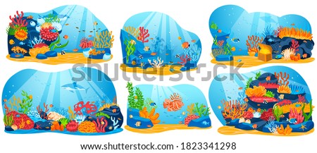 Coral reef, underwater sea life vector illustration. Cartoon flat ocean aquarium or sea waters collection with colorful algae seaweed plants and animal fishes, seascape marine scenes isolated on white