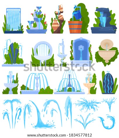 Water fountain architecture decor vector illustration set. Cartoon flat architectural elements, exterior collection of geyser waterfall splashing drops, outdoor water park decoration isolated on white