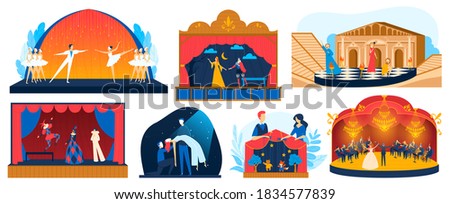 Theater performance vector illustration set. Cartoon flat performer actor and actress characters performing drama story, ballet acts or opera theatrical show on stage of theatre isolated on white
