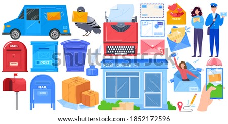 Mail delivery, post shipping service islated icons set with mailbox, post office parcels, mailman and postoffice vector illustration. Envelope, postage, love letters, packages. Postbox correspondence.