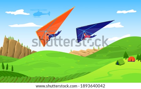 Paragliders in sky abouve forest, extreme sport adventure vector illustration. Paraplane free fly paragliding sports. Wind skydiving and recreation. Sportsmen on paraplan in air, hang gliding. Stock foto © 