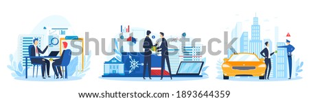 Bribe, baksheesh, corruption concept, set of vector illustration. Businessman holding stack of money in hand offering bribe, poloceman and financial bribery. Corrupted business or financial crime.