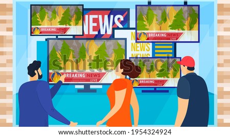 Breaking news, fire broadcast tv, burning forest, destruction nature, global world problems, cartoon style vector illustration.