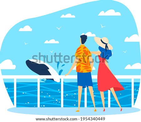 Vacation on ocean, hot summer, couple on seashore watching whale, design cartoon style vector illustration, isolated on white.