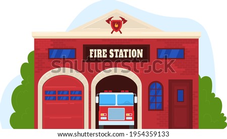 Building fire station, services to population, garage with transport, design cartoon style vector illustration, isolated on white.