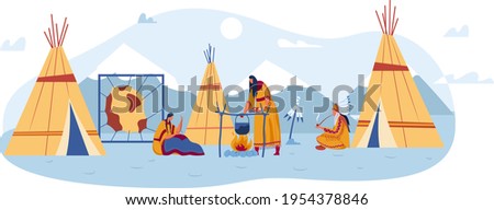 Wigwam dwellings, yurt local people, wild lifestyle, tribal travel, woman preparing food, design, flat style vector illustration.