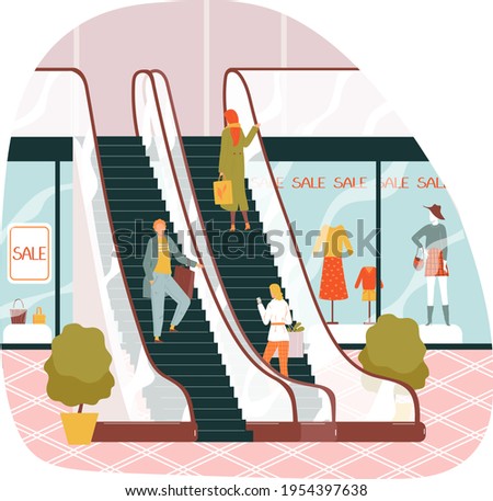 Escalator staircase, elevator staircase shopping mall, fast walking speed, public movement, design, flat style vector illustration