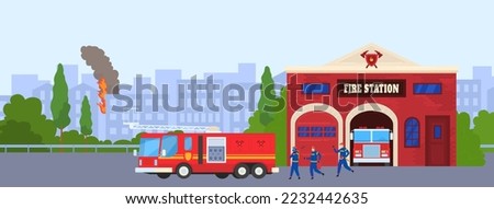 City building, fire station, emergency fire truck, vehicle safety, protection equipment, design, cartoon style vector illustration Stockfoto © 