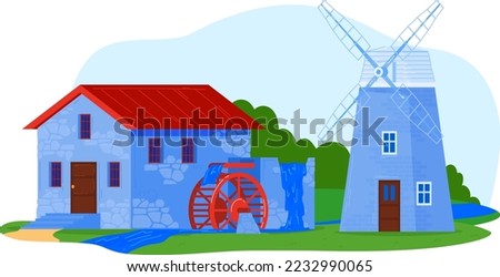 River landscape with mill, house building at nature water vector illustration. Rural farm background, old agriculture countryside village