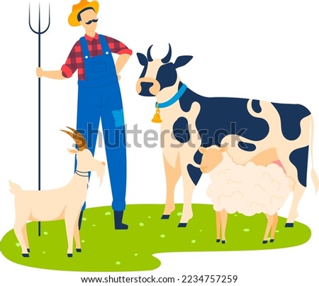 Man stand near domestic animal cow , goat at farm, vector illustration. Cartoon farm cattle, male herdsman at rural nature banner.