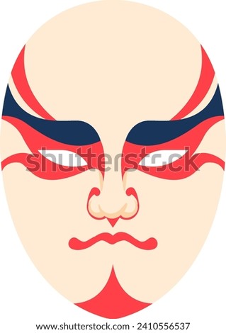 Stylized Asian opera mask with red and blue face paint. Traditional Chinese dramatic makeup. Cultural performance art vector illustration.