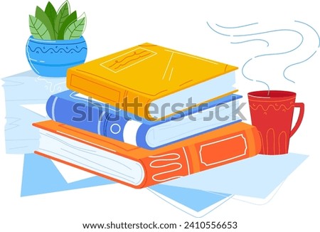 Stack of colorful books with plant and steaming coffee mug. Cozy reading nook and relaxation concept. Education and leisure vector illustration.