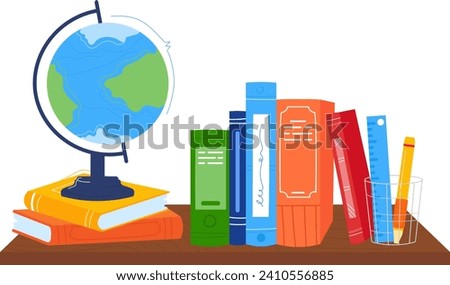 Stack of colorful books with globe on top, pencil and ruler in cup. Educational tools for school, geography study vector illustration.