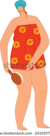 Smiling plus size woman in red flowered towel and blue swim cap holding a brush. Body positivity and self-care at home vector illustration.