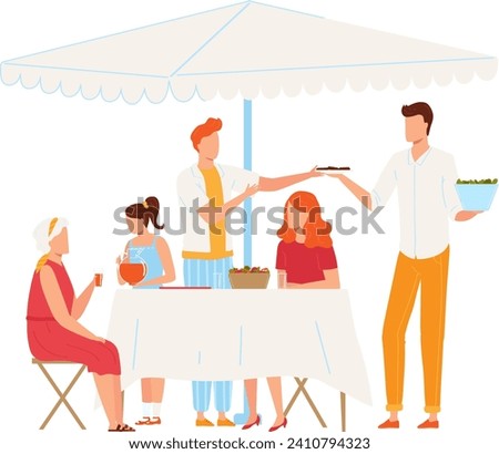 Waiters serving food to women and child at outdoor cafe. Family enjoying meal under umbrella. Dining outdoors and summer restaurant concept vector illustration.