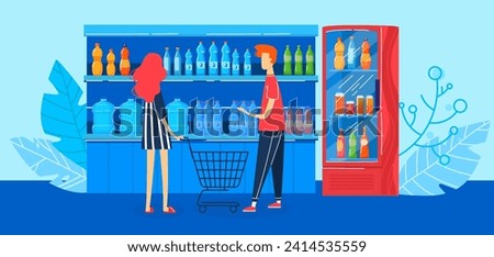 Woman with shopping cart and man selecting drinks at grocery store. Supermarket shopping and beverage aisle concept vector illustration.