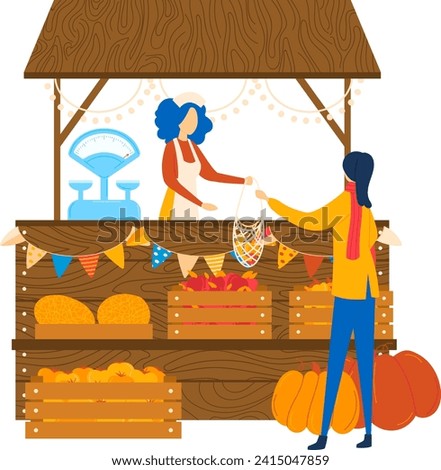 Female vendor selling fresh produce to woman at a wooden market stall with fruits and vegetables. Customer buying organic food at a local farmer s market. Autumn harvest shopping vector illustration.