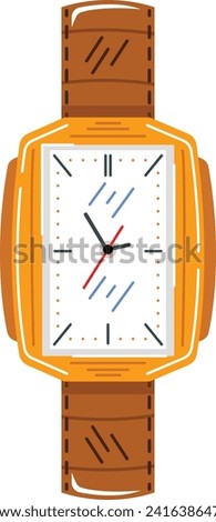 Flat design brown leather wristwatch with square face and analog display. Stylish accessory for punctuality concept vector illustration.