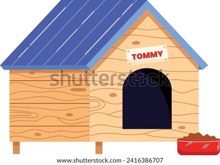Cartoon dog house with a blue roof and nameplate reading TOMMY, next to a red food bowl. Pet shelter and care concept vector illustration.