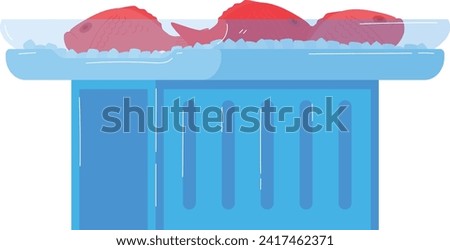 Two fish swimming in a half-filled fish tank. Red fish gliding in the water with bubbles. Aquarium life and pet fish care vector illustration.