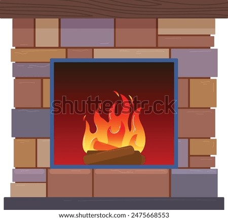 Cozy stone fireplace blazing inviting warm fire inviting room cold day. Rustic brick fireplace glowing orange flame indoors winter night. Modern hearth safely burning wood isolated white background