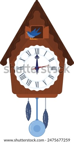 Brown wooden cuckoo clock blue bird emerging door. Roman numeral clock face dark blue hands. Two weights light pendulum hanging below clock