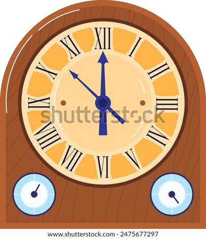 Oldfashioned clock wood frame, Roman numerals marking hours, two small dials below main face. Wooden clock vintage style dcor, isolated white background timeless design piece. Illustrative antique