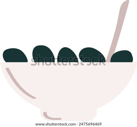 Bowl beige oval shape filled dark stones spoon inside. Minimalist stilllife kitchen table setting elegance simplicity. Modern home decor pastel hues ergonomics aesthetic