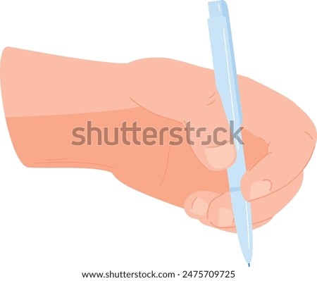 Caucasian hand holding blue pen ready, detailed fingernails, realistic flesh tones. Closeup human hand grip blue pen, gesture, pale skin, precise illustration. Conceptual design pen